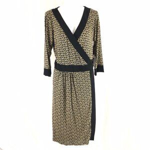 Melissa Masse True Wrap Dress Printed 3/4 Sleeve Yellow Black Stretch Size L